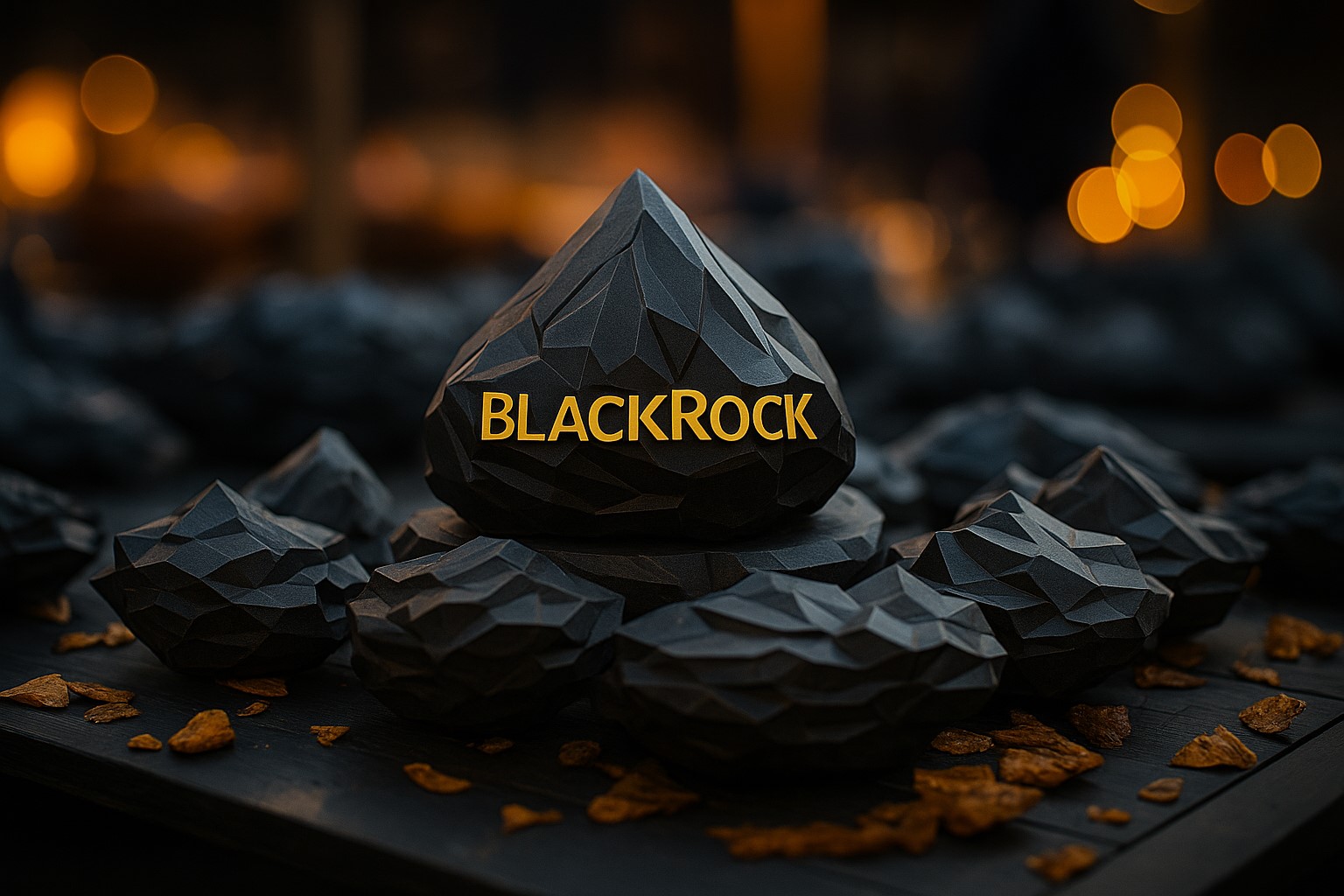 BlackRock logo ascending a Bitcoin leaderboard chart, just below a silhouetted Satoshi Nakamoto figure, symbolizing its position as the second-largest BTC holder.