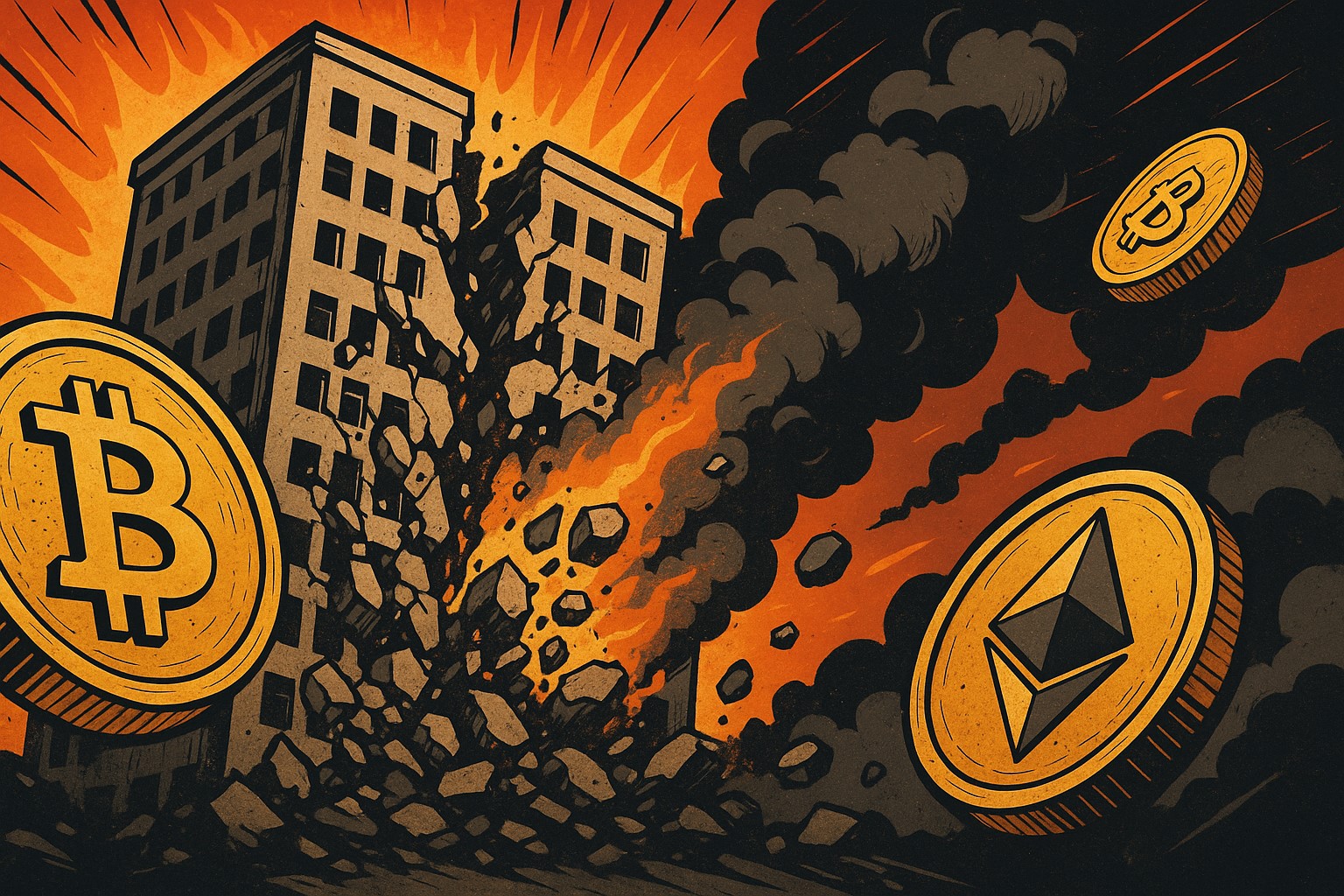 Crumbling financial documents, crypto token icons, and a flight path from China to the UK—symbolizing the $180M collapse of JYS Group and the chairman’s escape amid scandal.