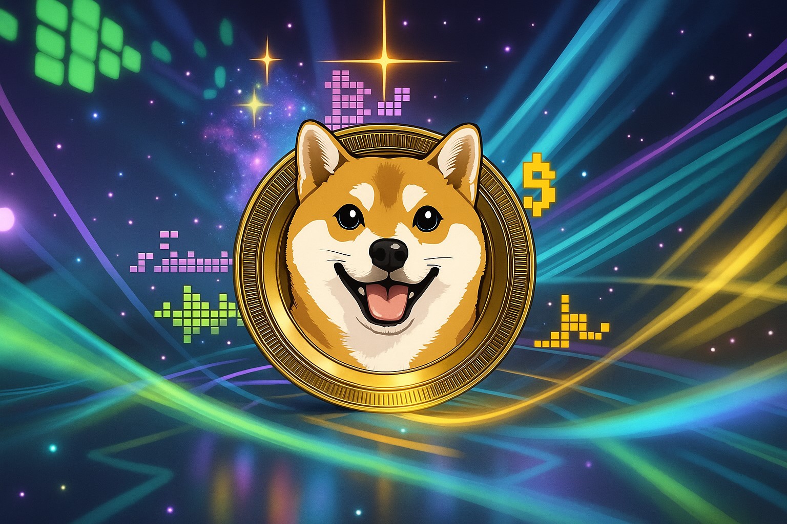 Dogecoin chart showing a diamond bottom pattern with a breakout arrow pointing toward the $0.28 price target, highlighting bullish momentum.