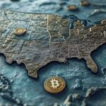 New Hampshire state capitol with Bitcoin reserve symbols and a U.S. map showing other states in question, symbolizing the spread of crypto treasury adoption across the country.