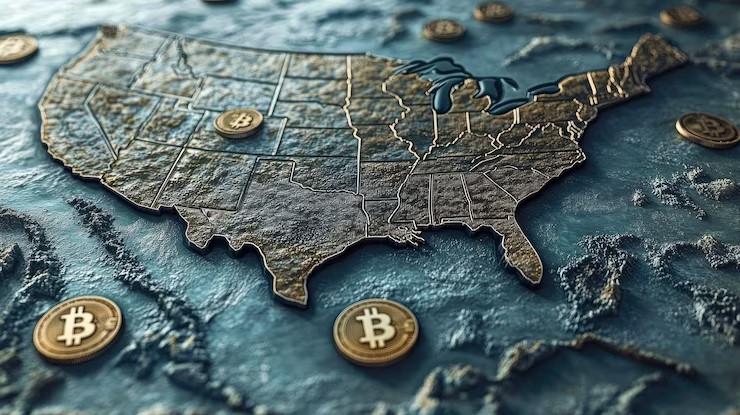 New Hampshire state capitol with Bitcoin reserve symbols and a U.S. map showing other states in question, symbolizing the spread of crypto treasury adoption across the country.